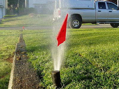 Close-up view of a pop-up sprinkler head watering a green lawn with an Acer Landscaping work truck in the background
