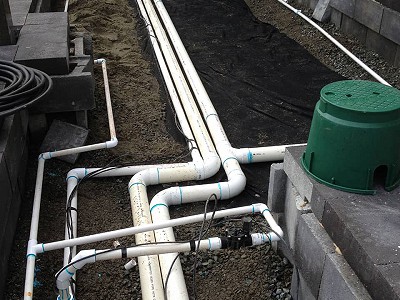 View of a complicated irrigation and drainage system at a Nanaimo strata complex