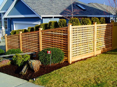 Lattice-style wooden fence built by Acer Landscaping on a residential property in Nanaimo