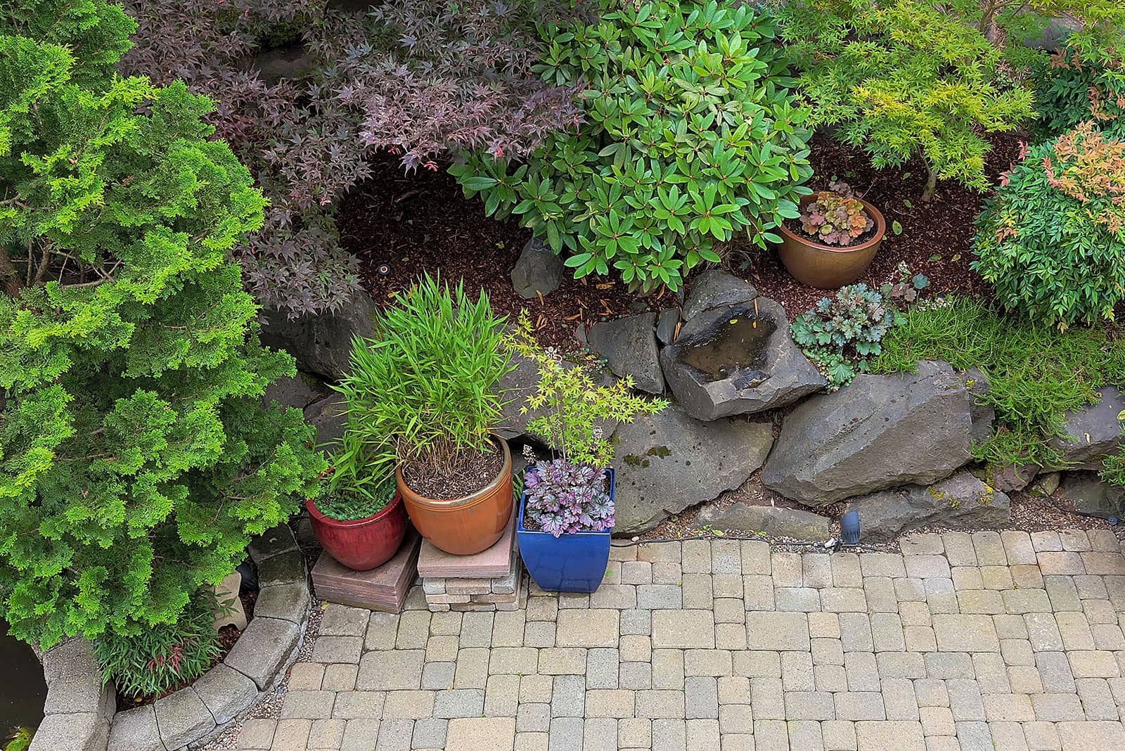 Backyard garden with paving stone patio, small garden walls, and lush green plantings